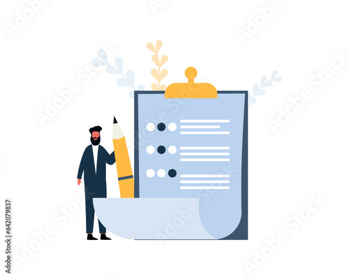 survey concept. businessmen with pencils filling in a form or answering questions checklist on a clipboard paper. Successful completion. Making Decisions and Research. business Mark on Checklist. 