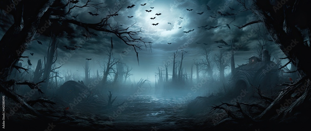 Obraz premium Moonlight shining on a scary haunted landscape.
