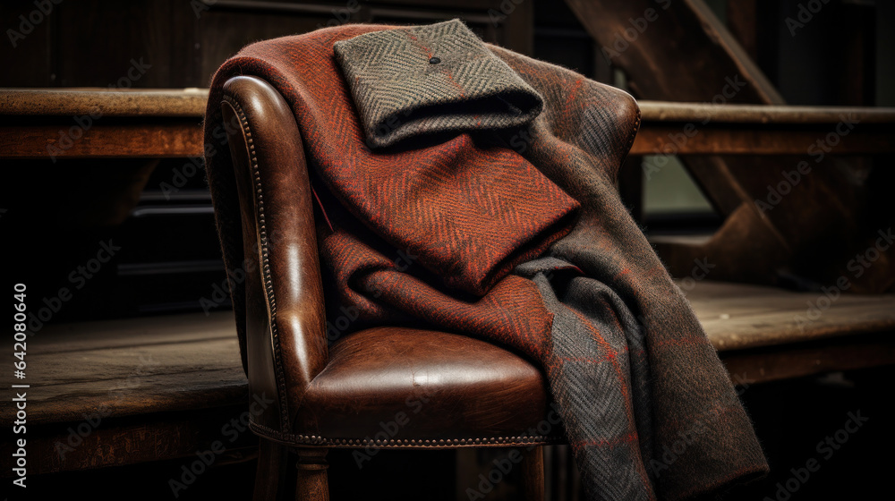 stack pile of colorful textile fabric cloth material made from linen and cotton on a wooden table
