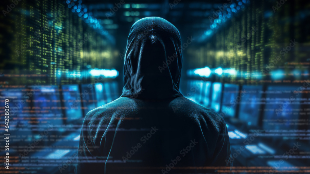 Hacker in server room with back towards camera.Crime, cyber security, programming background. Hacker in server room with back towards camera.Crime, cyber security, programming background.