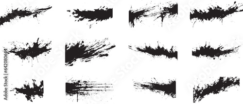 Paint brushstroke ink lines for text. Black paint splattered in dirty style brushstroke grunge splash. Isolated black ink stencils for design. Ink brush strokes, hand drawn black sticker. Vector	