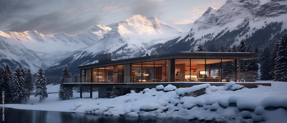 A Serene and Secluded Mountain Cabin Surrounded by Snow, Generative AI