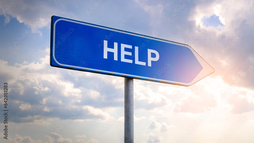 Street directional sign with the word “Help”, signpost providing assistance and support, wayfinding concept Street directional sign with the word “Help”, signpost providing assistance and support, wayfinding concept