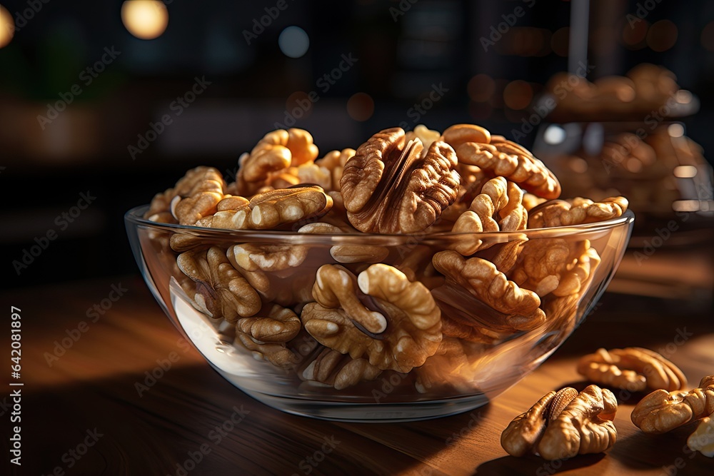 Close-up macro shot of a bowl filled with assorted walnut kernels, captured with a natural colors. Generative AI Close-up macro shot of a bowl filled with assorted walnut kernels, captured with a natural colors. Generative AI