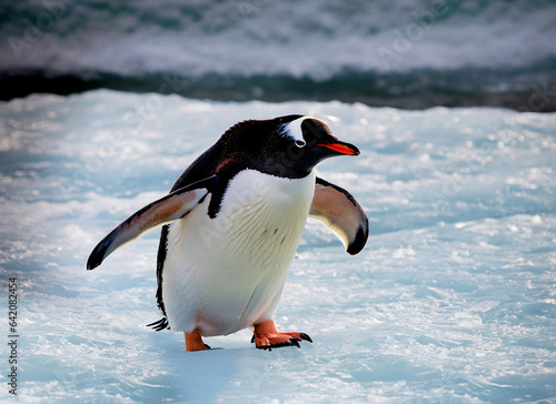 photo group of penguins walking on the frozen ocean