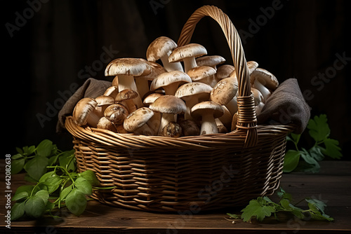 Edible mushrooms in wicker basket on wooden table, food still life