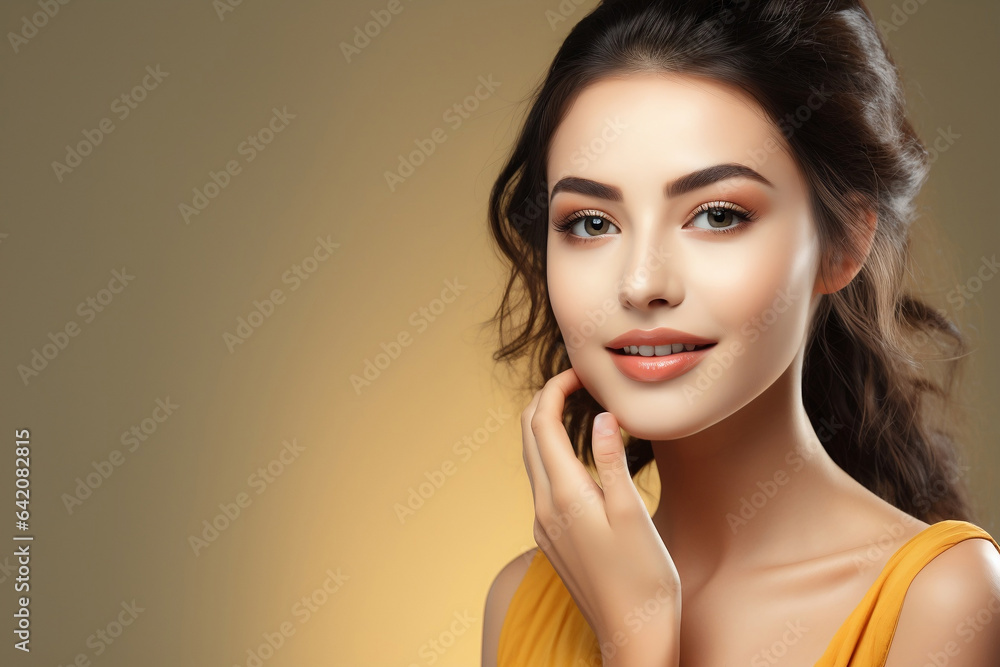 Portrait of beautiful lady with long curly hair over yellow background. Perfect Clean Skin. Portrait of beautiful lady with long curly hair over yellow background. Perfect Clean Skin.