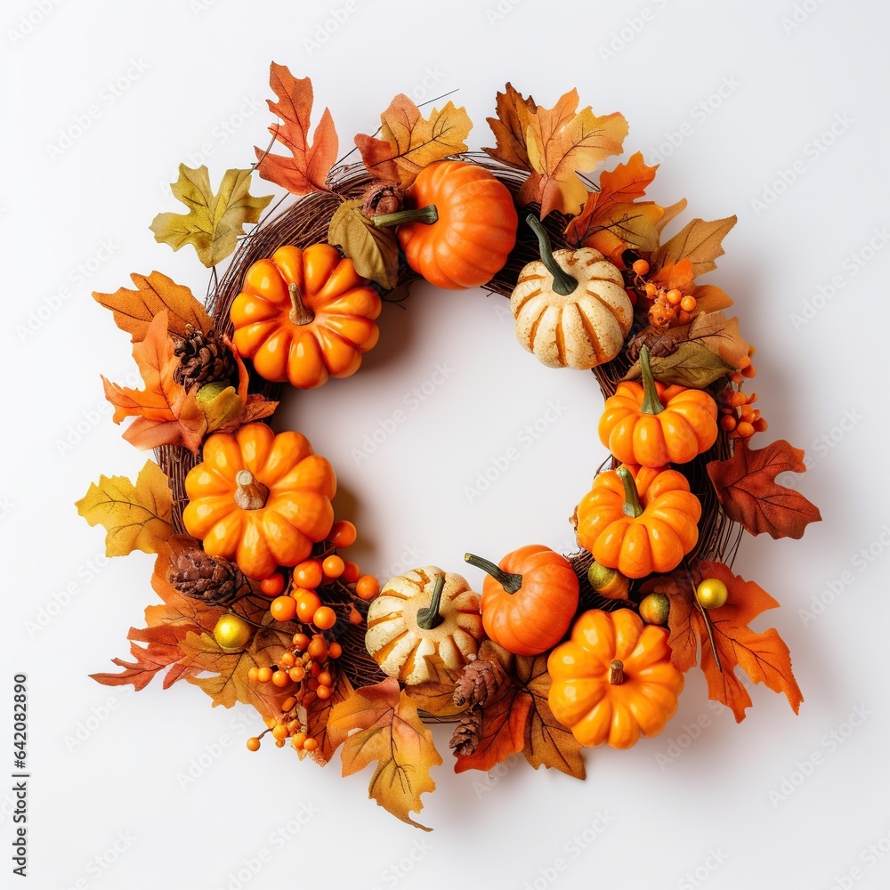 An autumn wreath with pumpkins against a plain white background, Generative AI An autumn wreath with pumpkins against a plain white background, Generative AI