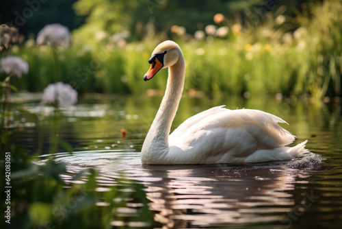 Beautiful white swan in a summer pond