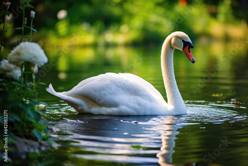 Beautiful white swan in a summer pond