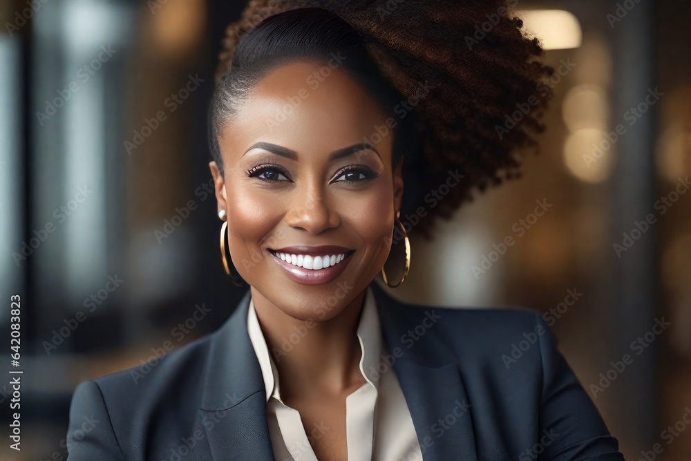 Happy handsome proud stylish mid aged mature professional business woman CEO, successful confident smiling good looking female executive looking at camera. Ai generated Happy handsome proud stylish mid aged mature professional business woman CEO, successful confident smiling good looking female executive looking at camera. Ai generated