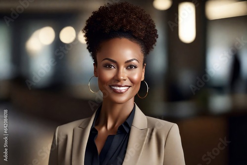 Happy handsome proud stylish mid aged mature professional business woman CEO, successful confident smiling good looking female executive looking at camera. Ai generated