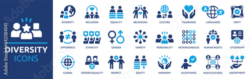 Diversity icon set. Containing equality, culture, languages, tolerance, difference, belonging, human rights and ethnicity icons. Solid icon collection. Vector illustration.