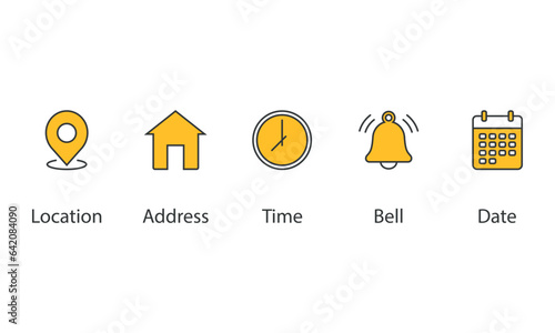 Date, time, address, location, bell icon vector illustration. Icon set on isolated background. Notice sign concept.