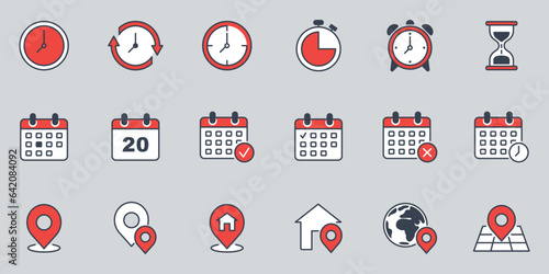Clock, calendar and locaion icon vector illustration. Icon set on isolated background. Time, date and address sign concept.