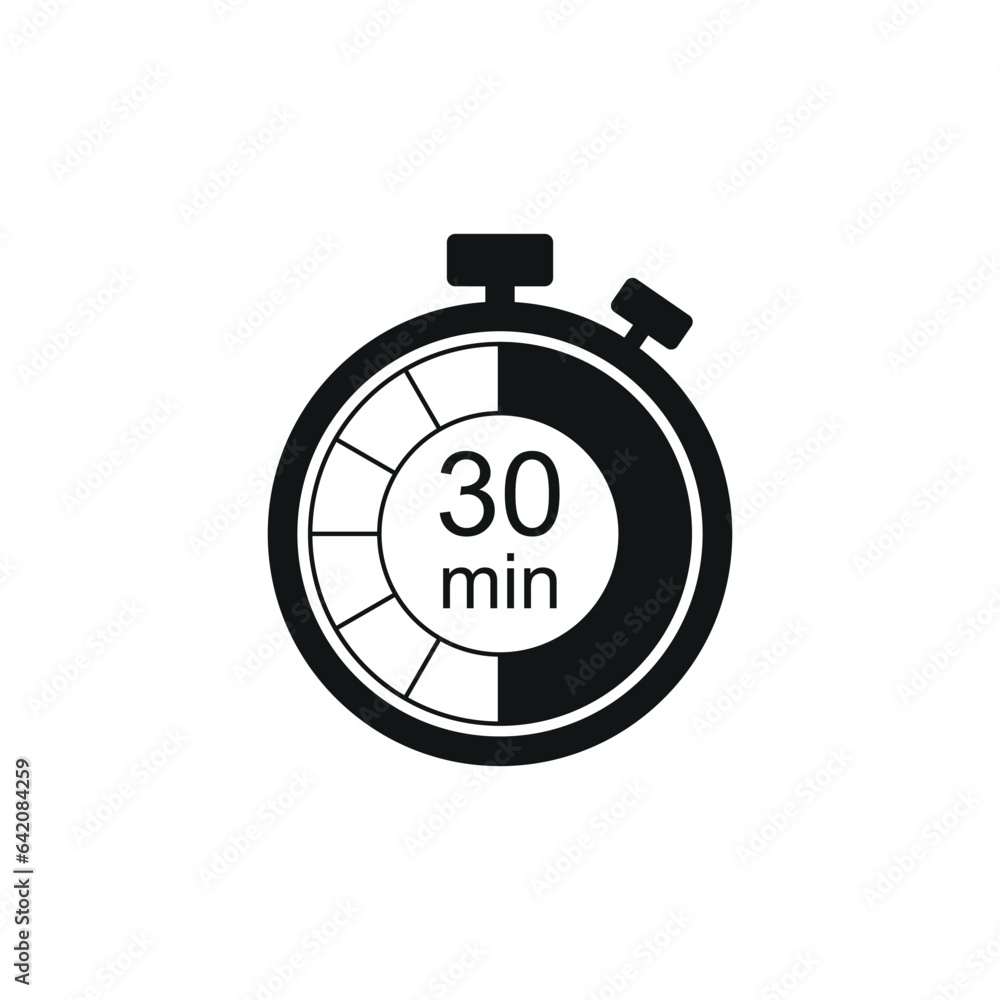 Clock icon vector illustration. Timer sign 30 min on isolated background. Countdown sign concept. Clock icon vector illustration. Timer sign 30 min on isolated background. Countdown sign concept.
