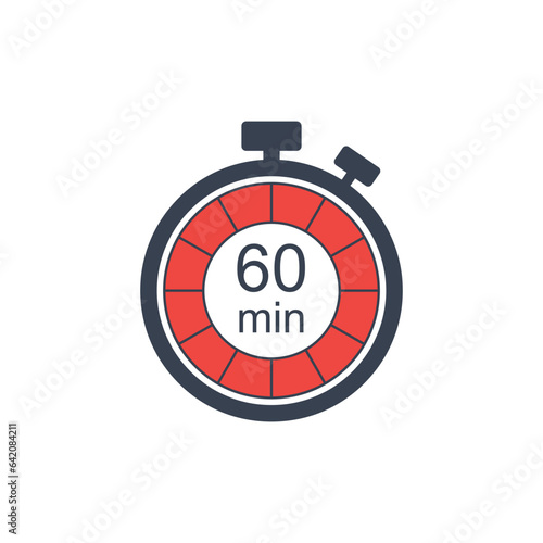 Clock icon vector illustration. Timer sign 60 min on isolated background. Countdown sign concept.