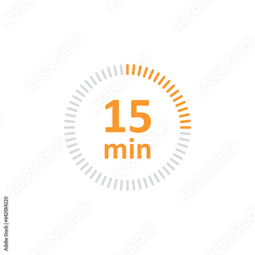 Clock icon vector illustration. Timer sign 15 min on isolated background. Countdown sign concept.