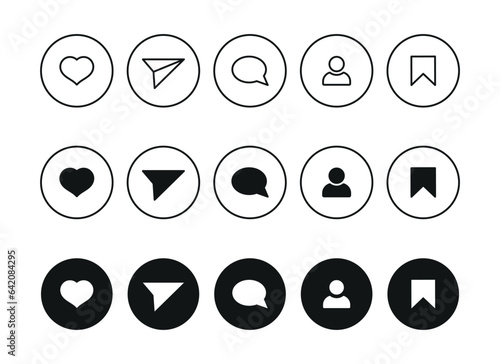 Like, comment, follower, share and save icon vector illustration. Social media set on isolated background. Notification sign concept.