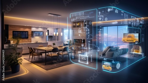 Smart home interface with augmented reality, smart home interior design with options. Created with Generative Ai technology. © Viktor