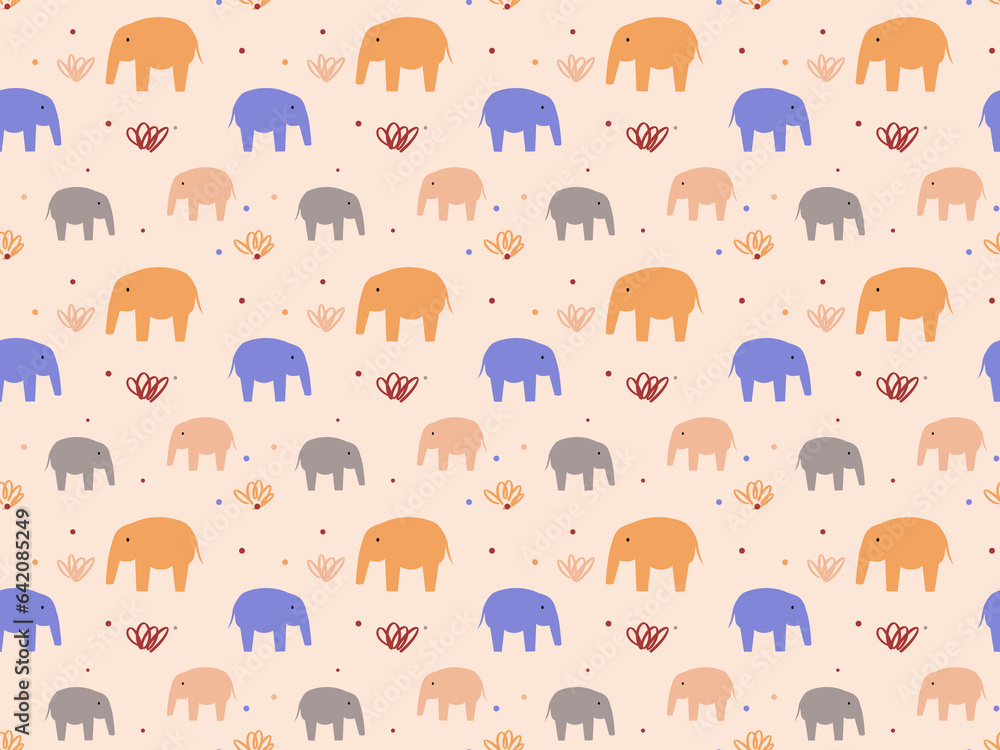 Fototapeta premium Colorful elephants in the wild seamless pattern for textile or wrapping paper printing. Children cartoon style