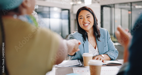 Obraz na plátně Business woman, handshake and success in onboarding, meeting and applause for hiring agreement or partnership