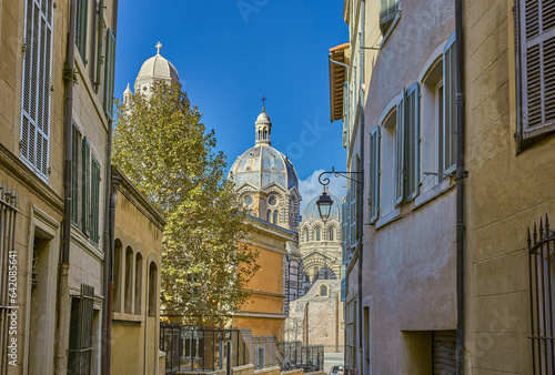 Marseille  France  the Cathedral Cathedrale Sainte-Marie-Majeure or Cathedrale de la Major  seen from an alley of the old town