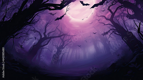 The moonlit forest, bathed in eerie shades of dark and light purple, conjures a haunting nightscape, complete with bats