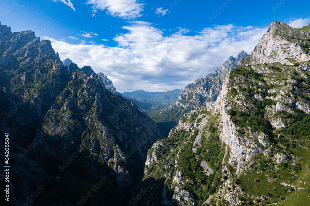 Aerial sunrise view above the mountain of the Picos de Europa in Spain
