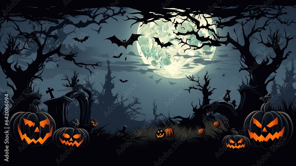 Halloween design - Forest pumpkins. Horror background with autumn valley, woods, spooky tree, pumpkins, and spider web. Space for your Halloween holiday text.