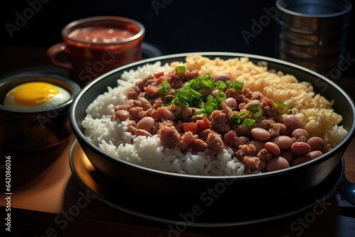Plate of typical Brazilian food with rice, beans and meat. Generative AI