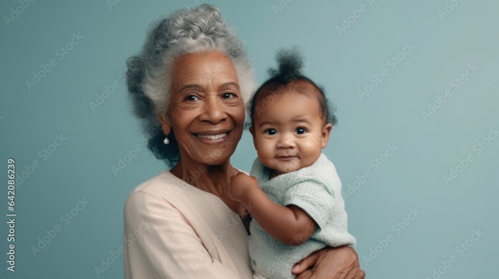 A happy multicultural senior grandma holds her grandkid in a studio, radiating joy. Generative AI A happy multicultural senior grandma holds her grandkid in a studio, radiating joy. Generative AI