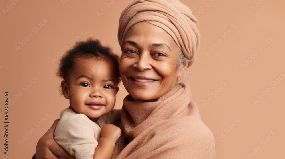 A proud senior grandma shares a special moment with her adorable grandkid in a studio portrait. Generative AI A proud senior grandma shares a special moment with her adorable grandkid in a studio portrait. Generative AI