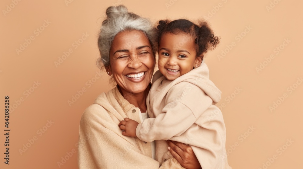 Love and laughter between grandma and grandchild against studio background. Generative AI Love and laughter between grandma and grandchild against studio background. Generative AI