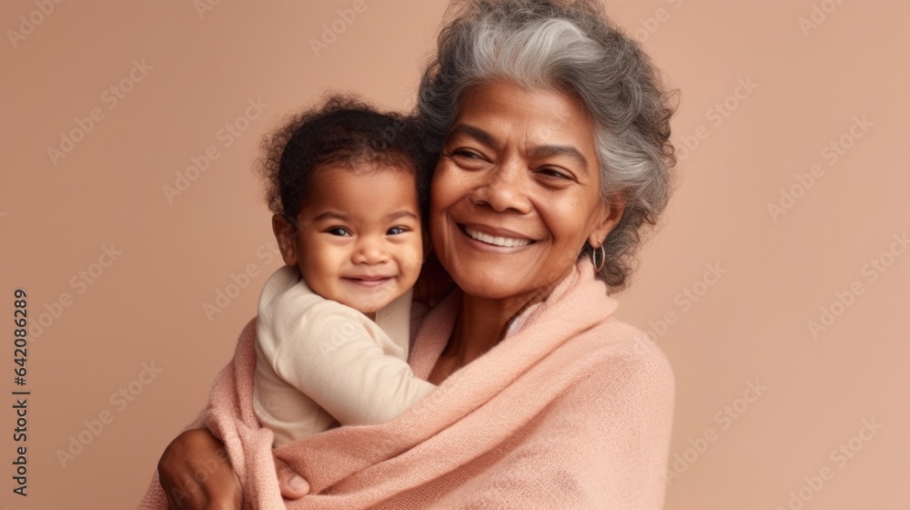 A joyful senior grandmother holds her grandkid in a beige background. Generative AI A joyful senior grandmother holds her grandkid in a beige background. Generative AI