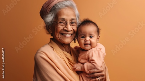 A joyful senior grandmother holds her grandkid in a beige background. Generative AI