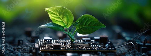 Small plant on circuit board, technology and sustainability concept. Generative AI
