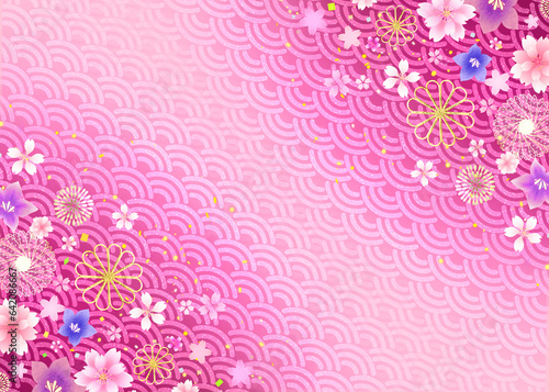 花と金装飾の和風背景 年賀状 和柄 青海波 キラキラピンク