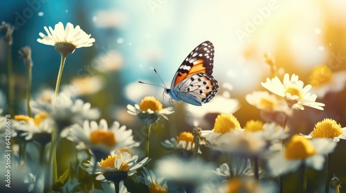Flowers field in summer spring on background with sunlight and a flying butterfly. Summer natural landscape, generative AI.