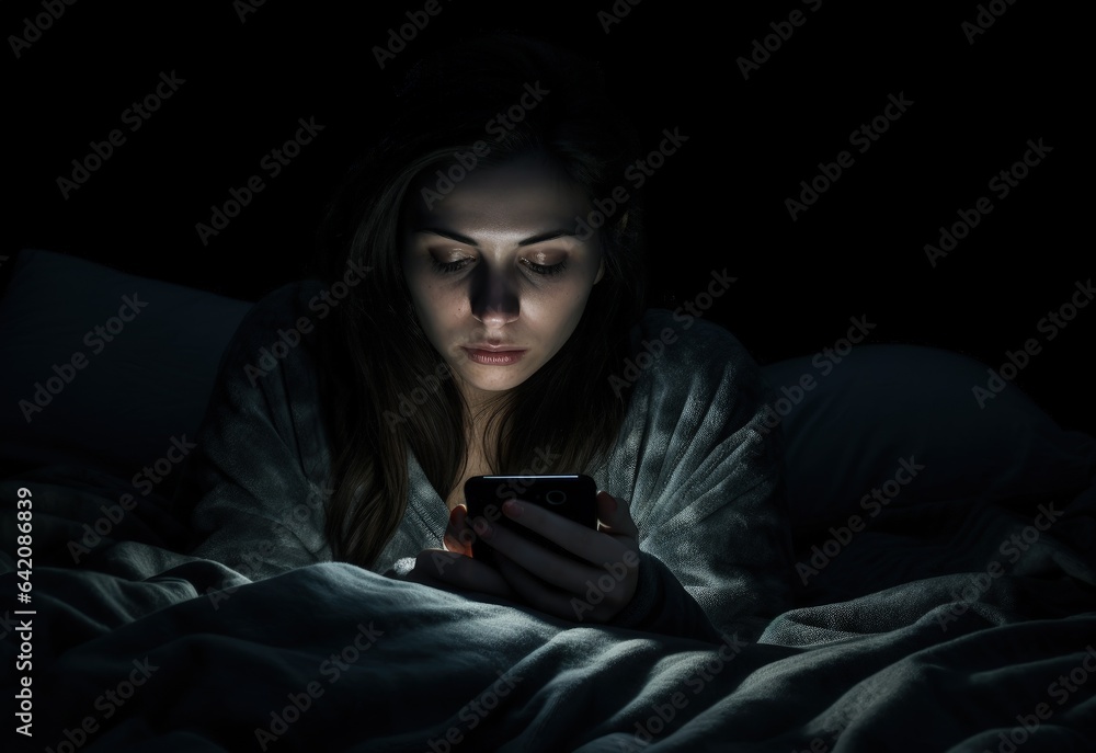 Dark room with woman in bed with cell phone in hand. Generative AI Dark room with woman in bed with cell phone in hand. Generative AI