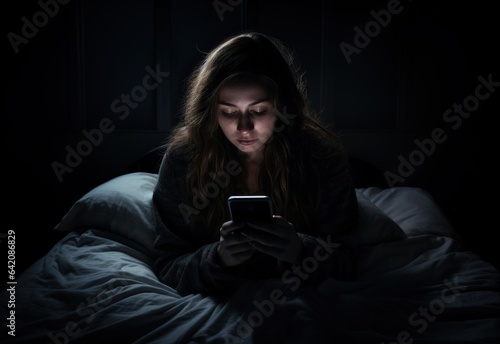 Dark room with woman in bed with cell phone in hand. Generative AI