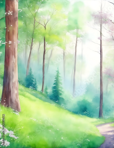 Spring forest watercolor view 