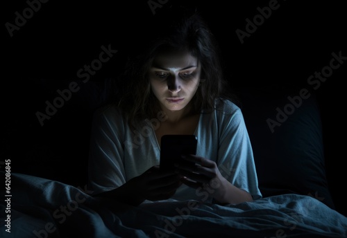 Dark room with woman in bed with cell phone in hand. Generative AI