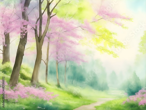 Spring forest watercolor view 