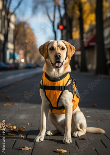 Generative AI, guide dog, retriever in a yellow harness sits on the pavement on a city street in autumn, helper for the blind, cute animal, canine