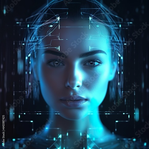 Abstract digital human face. Concept of artificial intelligence, big data, or cybersecurity.