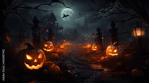 Halloween graveyard background illustration with pumpkin and bats horror concept, celebrating the Day of the Dead, Halloween night