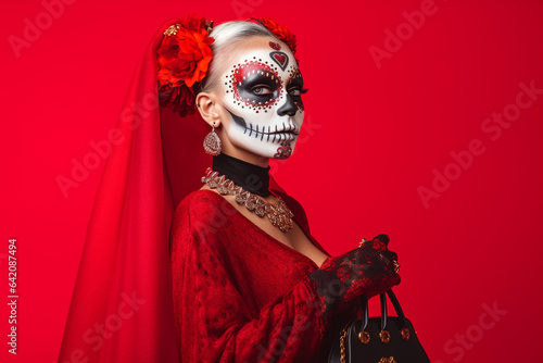 Studio shot of lovely woman wears halloween makeup, dressed in black outfit, red wreath, has zombie image, looks with scaring expression, isolated over read background, free space for your promotion