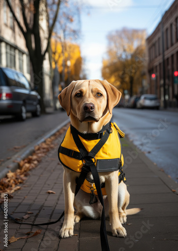 Generative AI, guide dog, retriever in a yellow harness sits on the pavement on a city street in autumn, helper for the blind, cute animal, canine