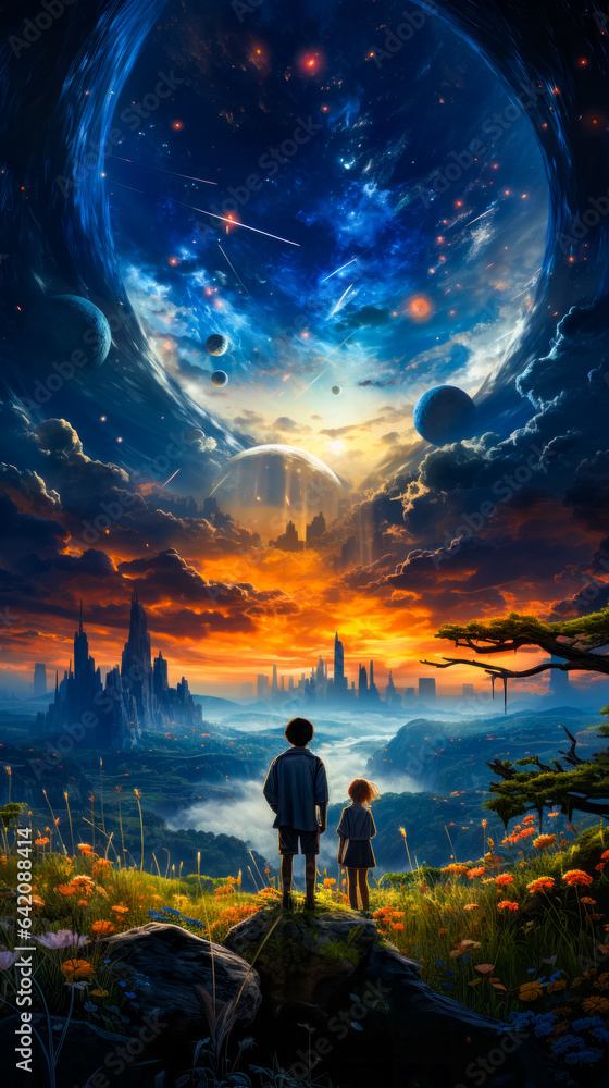 Man and little girl looking at fantasy landscape.